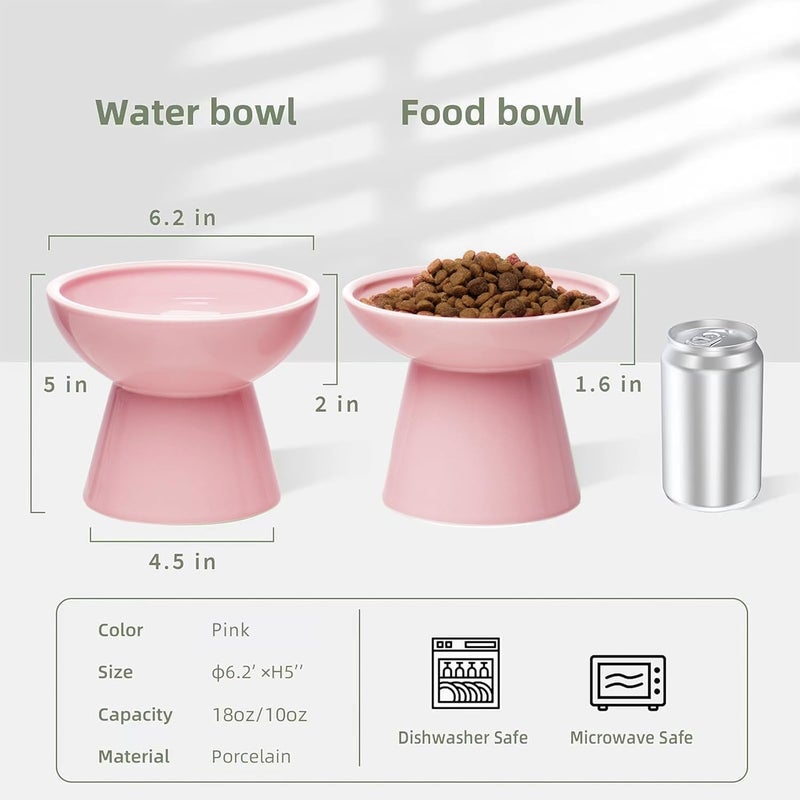 CEEFU 2 Elevated Cat Bowls Extra Wide for Food & Water – Whisker Fatigue, Ceramic Wide Shallow Food Dish, Lead & Cadmium Free, Raised Height for Cats, Pink - Image 2
